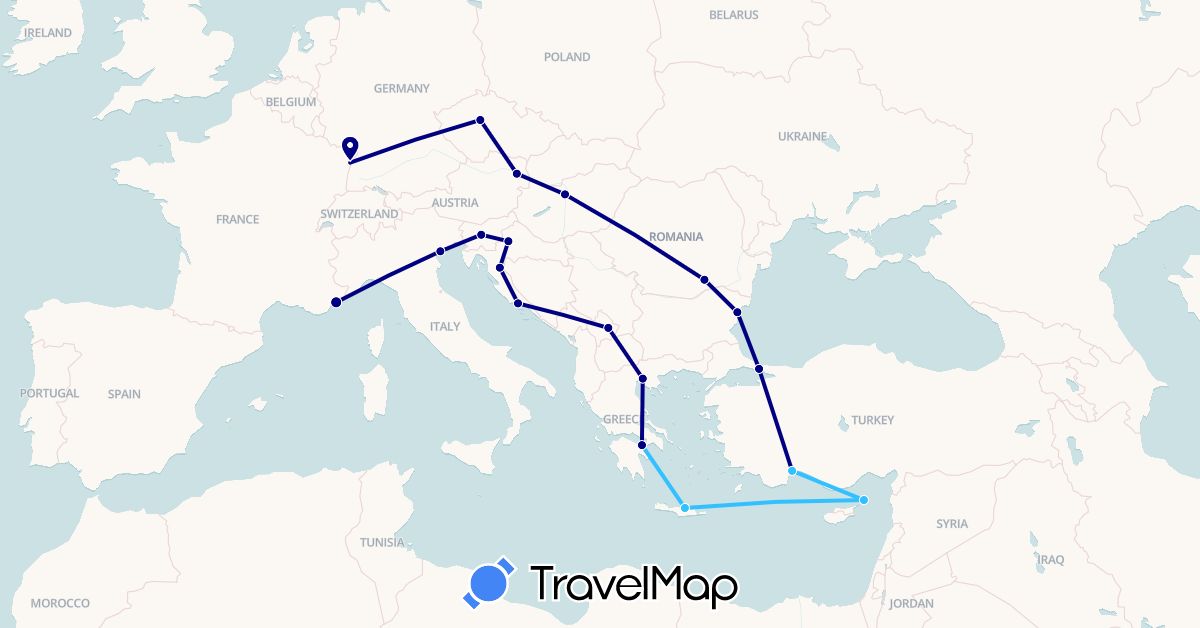 TravelMap itinerary: driving, boat in Austria, Bulgaria, Czech Republic, France, Greece, Croatia, Hungary, Italy, Romania, Slovenia, Turkey (Asia, Europe)