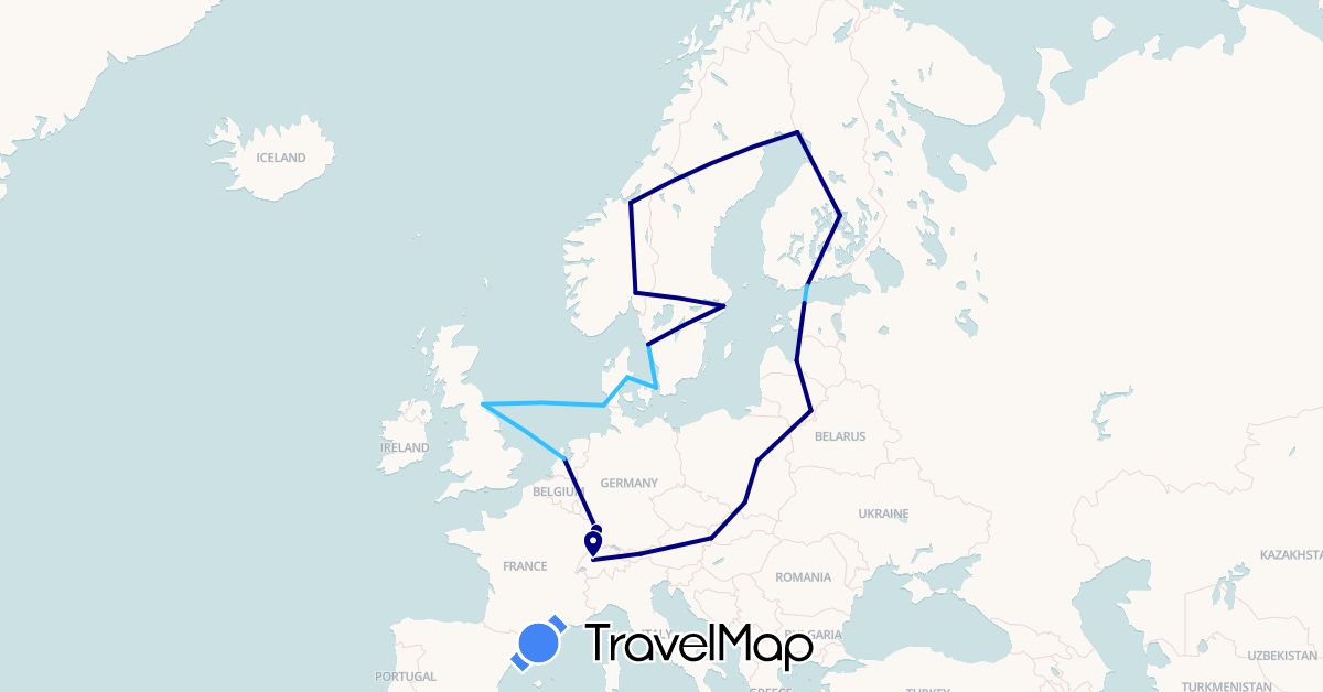 TravelMap itinerary: driving, boat in Austria, Switzerland, Germany, Denmark, Estonia, Finland, France, United Kingdom, Lithuania, Latvia, Netherlands, Norway, Poland, Sweden, Slovakia (Europe)